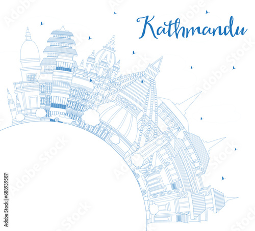 Outline Kathmandu Nepal City Skyline with Blue Buildings and Copy Space. Kathmandu Cityscape with Landmarks. Business Travel and Tourism Concept with Historic Architecture.