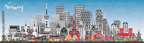 Norway city skyline with gray buildings and blue sky. Concept with historic and modern architecture. Norway cityscape with landmarks. Oslo. Stavanger. Trondheim. Bergen.