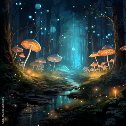A mysterious forest with glowing mushrooms and fireflies