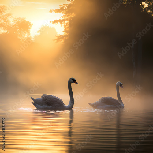 A pair of swans gliding gracefully across a misty lake.