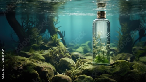 Bottle cosmetic skincare underwater and algae.