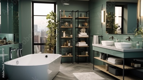 Large bathroom  Minimalist expensive modern interior  Green colors.