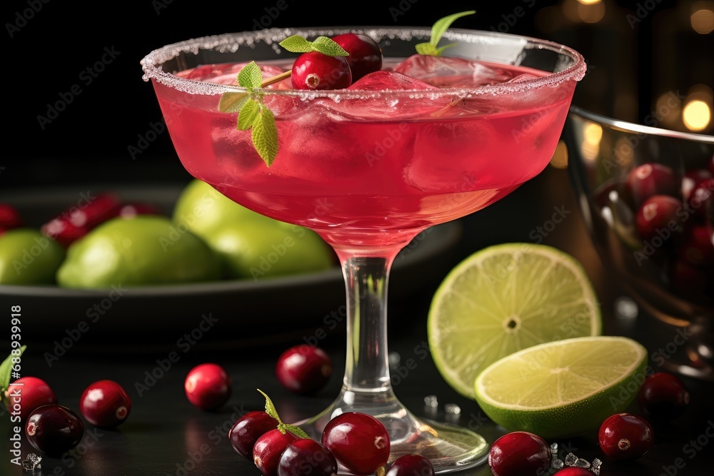 Cocktail glass filled with Cranberry Cosmo with ice cubes, Lime peel garnish. Cocktail glass filled with Cranberry Cosmo with ice cubes, Lime peel garnish.