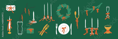 Trendy bow knot vector illustration. Set of decorative elements dressed up red velvet bows, ribbon. Christmas tree wreath, candle holder icon, wineglass, cutlery, gift. New year home decor accessories