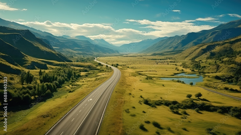 Drone view of an empty paved road in green meadows, Mountains on a sunny day, Beautiful landscape with a roadway.
