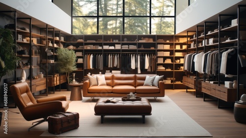 Modern minimalist men walk in wardrobe with clothes hanging on rods, Shelves and drawers, Dressing room with space for storing and organizing accessories.
