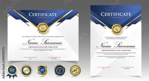 Certificate of appreciation template, gold and blue color. Clean modern certificate with gold badge. Certificate border template with luxury and modern line pattern. Diploma vector template
