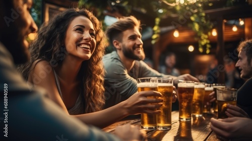 Diverse young people sitting at bar table toasting beer glasses in brewery pub garden.