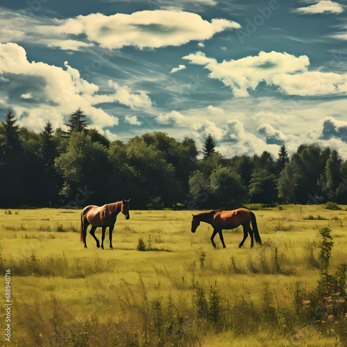 A peaceful meadow with horses grazing.