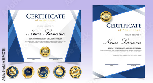 Modern blue certificate template with golden badges. vector