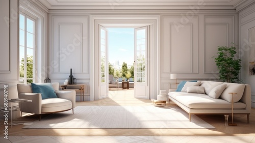 Partially open door reveals a bright, luxurious room in a new apartment, The large windows accentuate the sense of opulence and a comfortable living space.
