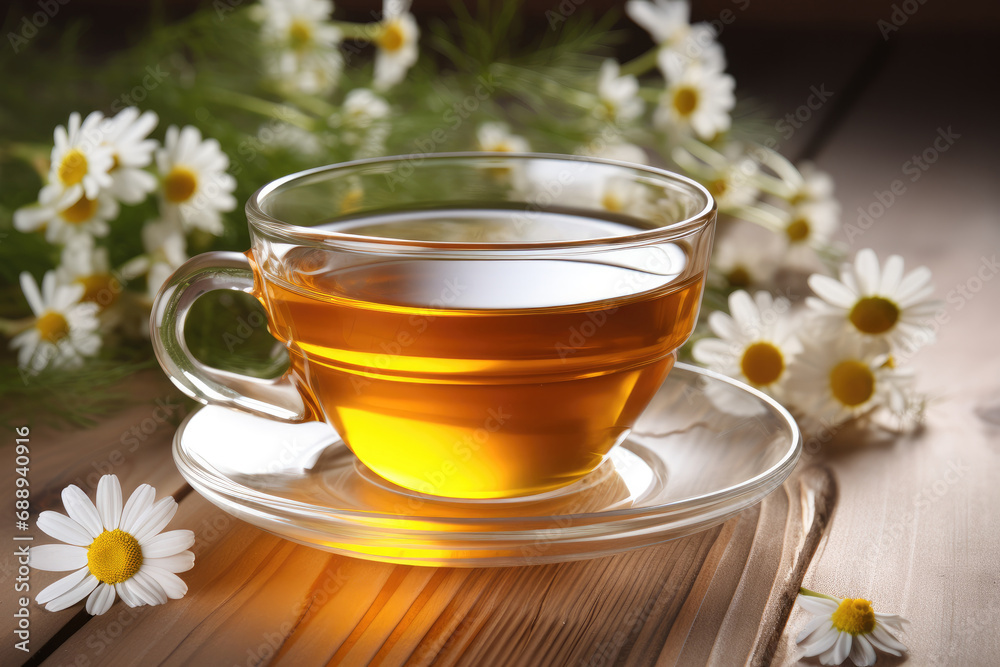 Cup of chamomile tea on white wooden background. Cup of chamomile tea on white wooden background.