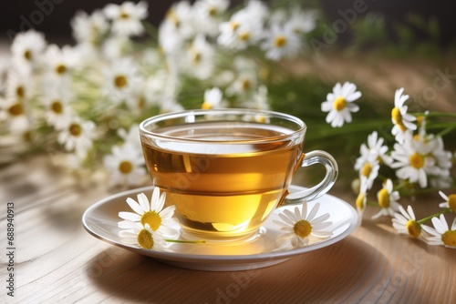 Cup of chamomile tea on white wooden background.