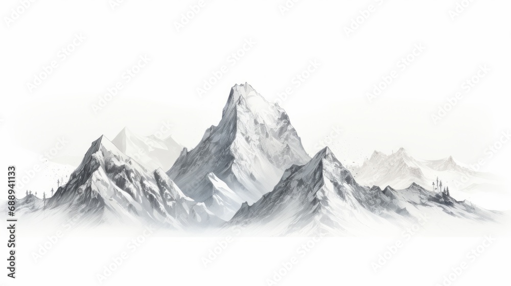 majestic snow-capped mountain isolated on white background, serene winter landscape