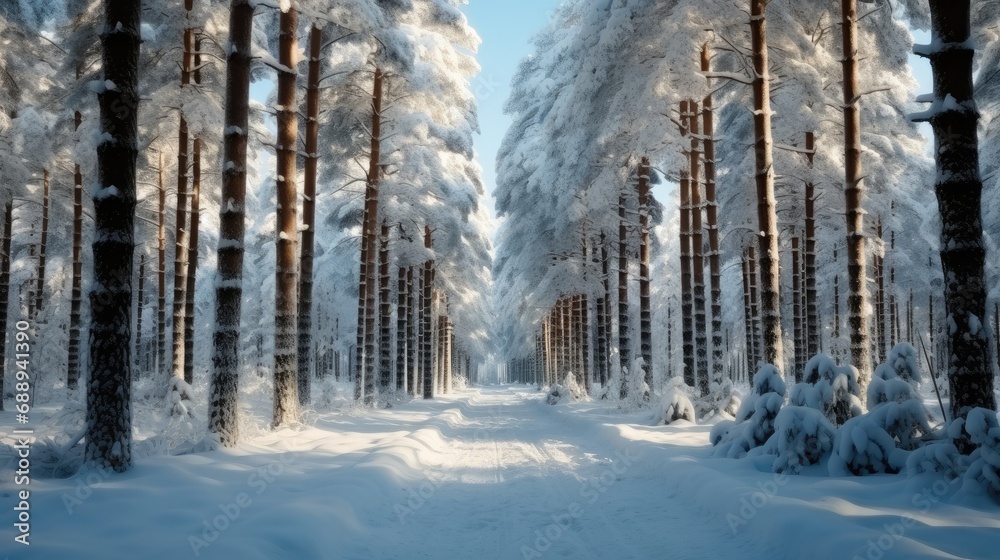 Obraz premium Pine tree tidy row collection in winter forest.