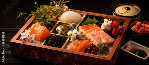 Traditional kaiseki bento box with price tag, ingredients, and description displayed in Tokyo, Japan. © 2rogan