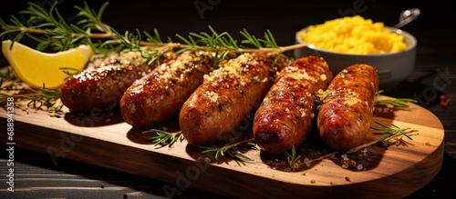 Mustard-covered sausages on a cutting board.