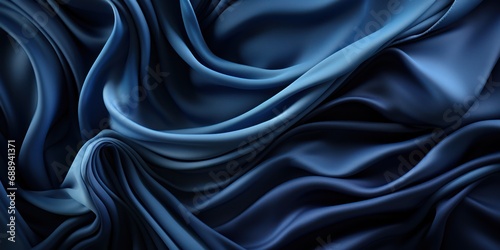 Silk satin fabric. Navy blue color. Abstract dark elegant background with space for design. Soft wavy folds. Drapery. Gradient. Light lines. Shiny. Shimmer. Glow. Template. Wide banner. Panoramic photo
