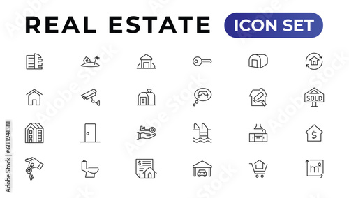 Real Estate minimal thin line web icon set. Included the icons as realty, property, mortgage, home loan and more. Outline icons collection.