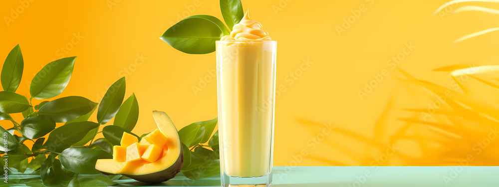 A delectable high-detail mango milkshake for advertising purposes A delectable high-detail mango milkshake for advertising purposes