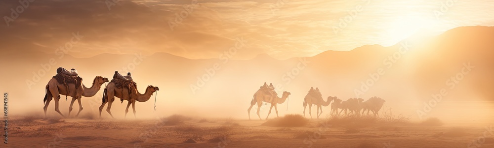 Camels in desert . Beautiful landscape banner Camels in desert . Beautiful landscape banner