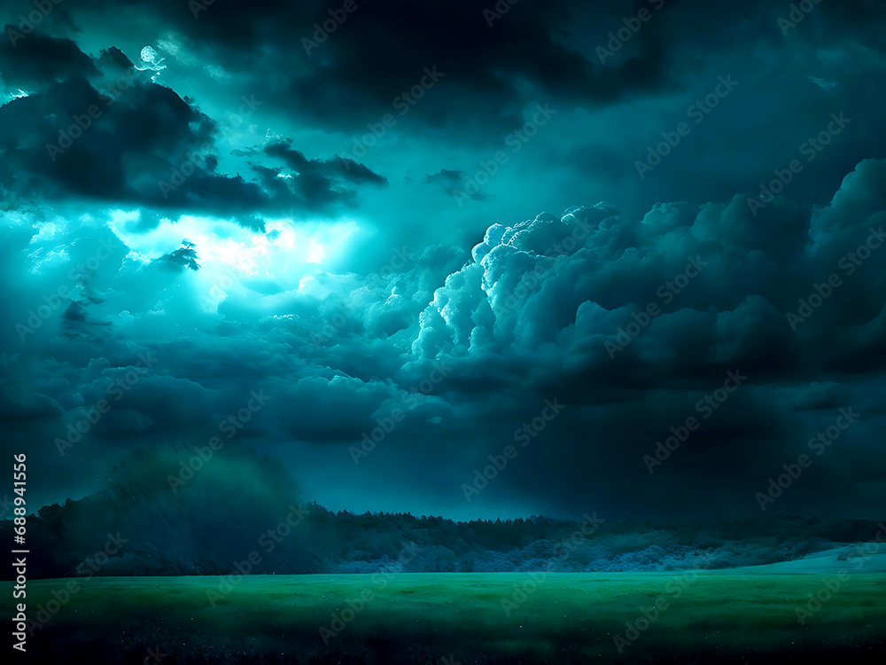 Black dark greenish blue dramatic night sky. Gloomy ominous storm rain clouds background. Cloudy thunderstorm hurricane wind lightning. Epic fantasy mystic. Or creepy spooky nightmare horror concept. Black dark greenish blue dramatic night sky. Gloomy ominous storm rain clouds background. Cloudy thunderstorm hurricane wind lightning. Epic fantasy mystic. Or creepy spooky nightmare horror concept.
