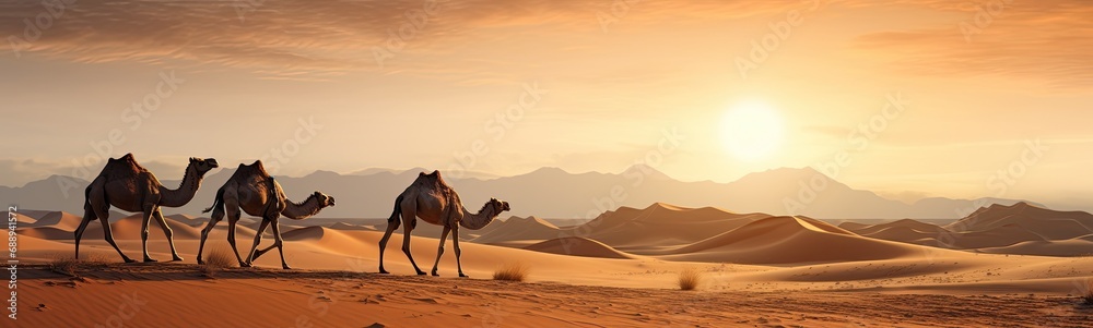 Camels in desert . Beautiful landscape banner Camels in desert . Beautiful landscape banner