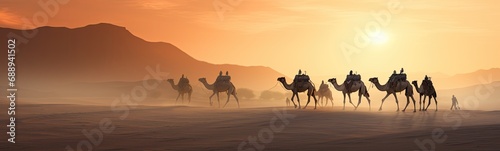 Camels in desert . Beautiful landscape banner	 photo