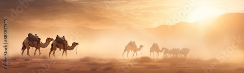 Camels in desert . Beautiful landscape banner	