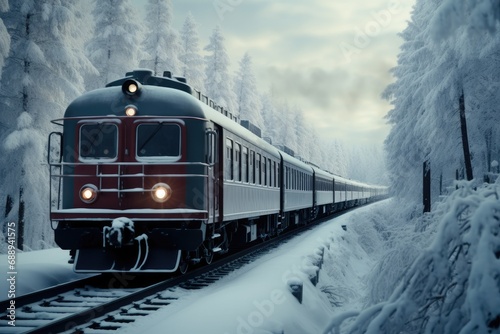 A train traveling through a snow covered forest.