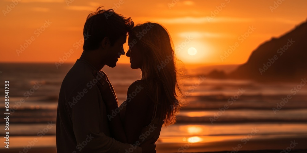 A photograph of a couple caught in a loving moment with a scenic beach sunset as the background context