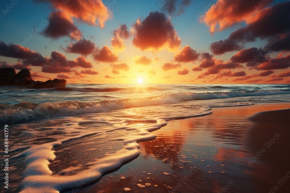 Beautiful sunset tropical paradise beach, Tranquil summer vacation or holiday landscape.