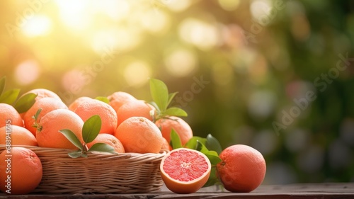 Wicker basket of ripe grapefruits in sunlit natural setting