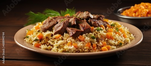 Turkish pilaf called Acem pilavi with carrots and meat, a traditional Persian rice dish. photo