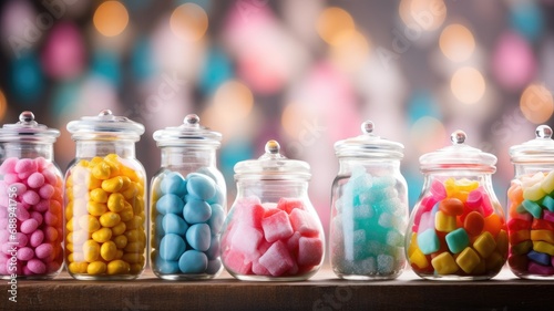 Variety of colorful candies in glass jars on a shelf photo