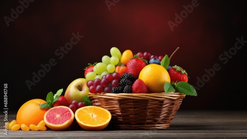 A basket full of colorful fresh fruits on a dark background