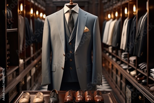 A luxurious walk-in closet, Treasure trove of sartorial elegance, A finely tailored suit jacket takes pride of place, Boutique shop.