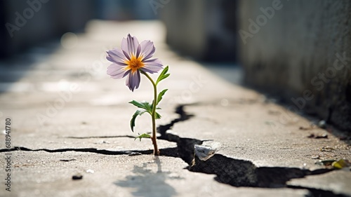 A purple flower emerging from a crack in the pavement © Artyom