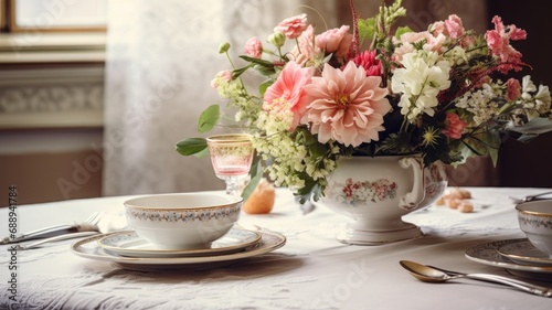 Fine china on a table with a lush floral centerpiece