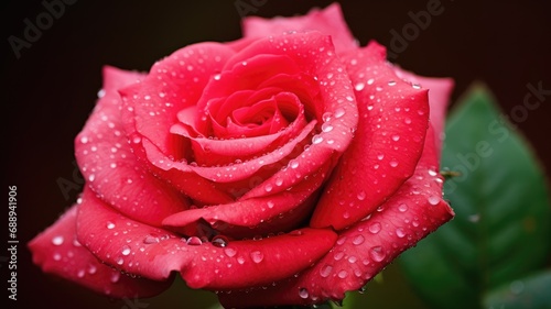Close-up of a dew-covered red rose against a dark background