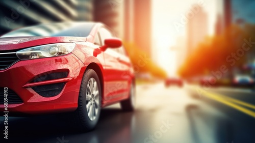 Part of a red car's front on a blurred city street with sunlight flare