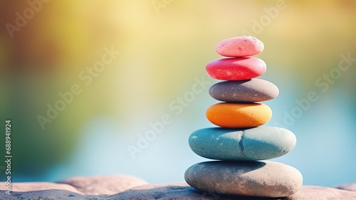 A balanced stack of multicolored stones against a soft backdrop
