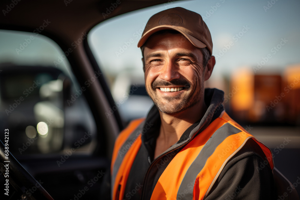 Portrait of a delivery driver on a highway. Portrait of a delivery driver on a highway.