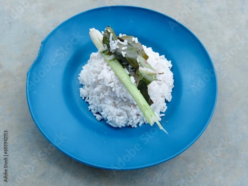 Nasi uduk or rice cooked with spices (coconut milk, lime leaves, lemongrass). savory rice in blue plate on gray background. Indonesian traditional food. simple nasi uduk. savory liwet rice photo