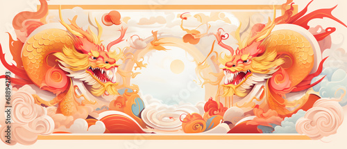 Happy chinese new year 2024.  oriental dragon zodiac sign with flower,lantern,asian elements gold paper cut illustration style on color background.