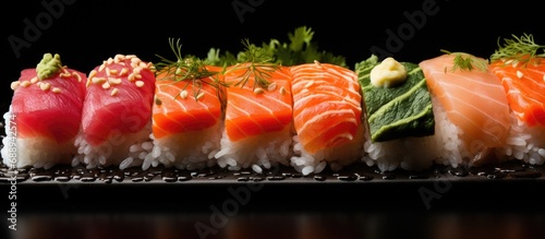 Various types of salmon sushi on a black background, delivered with chopsticks. photo