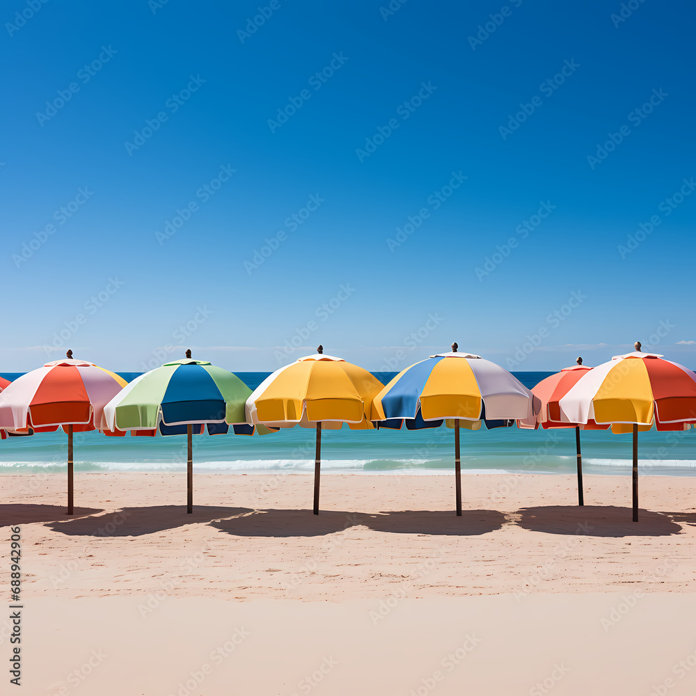 A row of colorful beach umbrellas on a sandy shore.