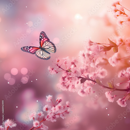 Beautiful flowers and butterflies spring light pink pastel background