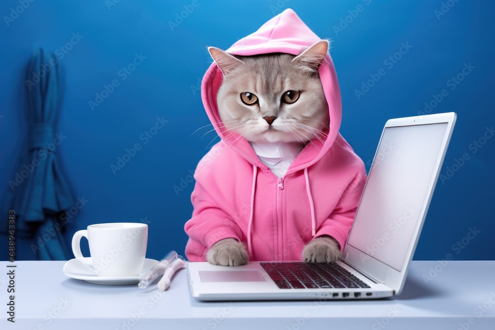 Cat wearing pink clothes sitting at laptop on the blue background Cat wearing pink clothes sitting at laptop on the blue background