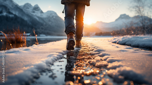 Close up of man walking on winter road with ice and snowflakes photo